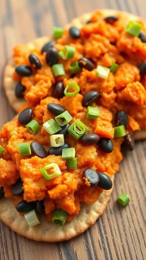 Sweet potato and black bean mash on Triscuit crackers topped with green onions