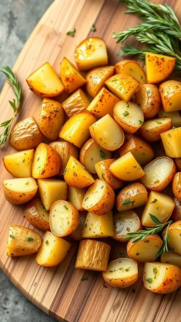A pile of garlic butter roasted potatoes garnished with herbs on a wooden cutting board.
