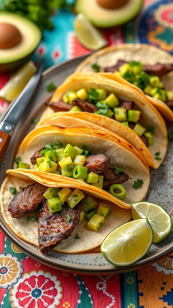 Plate of venison steak tacos topped with avocado salsa, lime wedges, and fresh herbs.