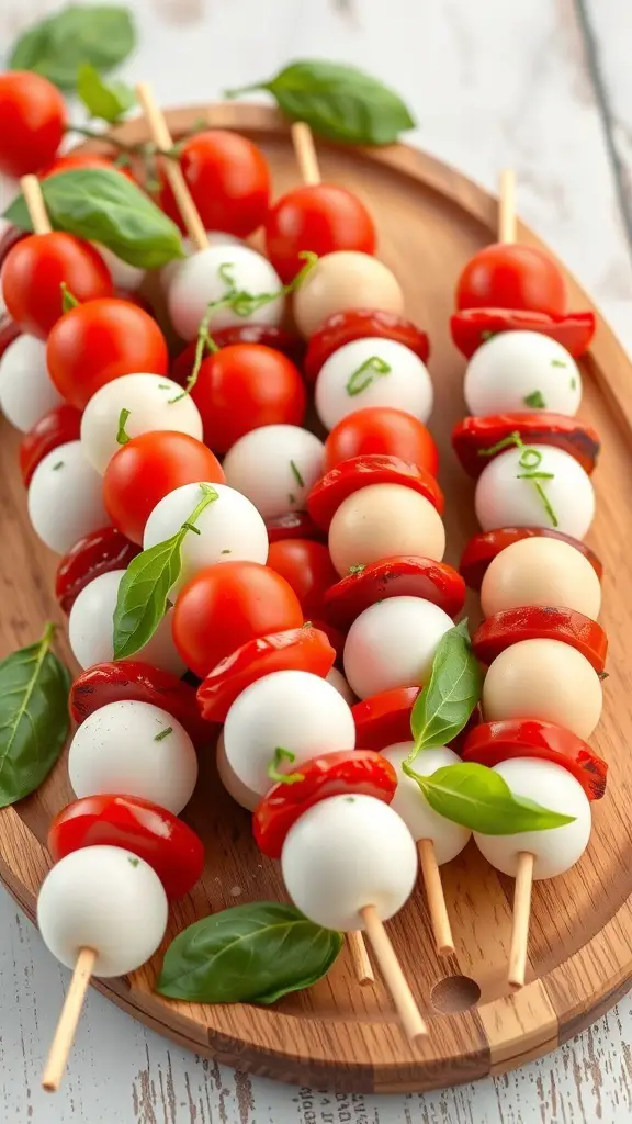Colorful Caprese skewers with cherry tomatoes, mozzarella balls, and basil on a wooden platter.
