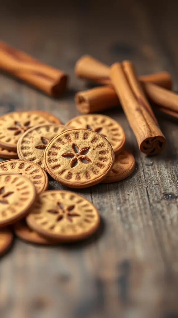A collection of spicy cinnamon discs and cinnamon sticks on a wooden surface.