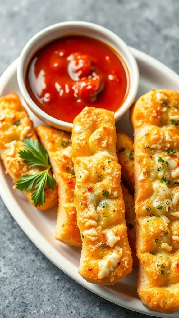 Cheesy garlic breadsticks served with marinara sauce
