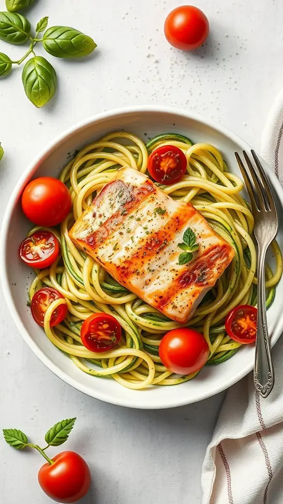 A bowl of pesto zucchini noodles topped with salmon and cherry tomatoes.