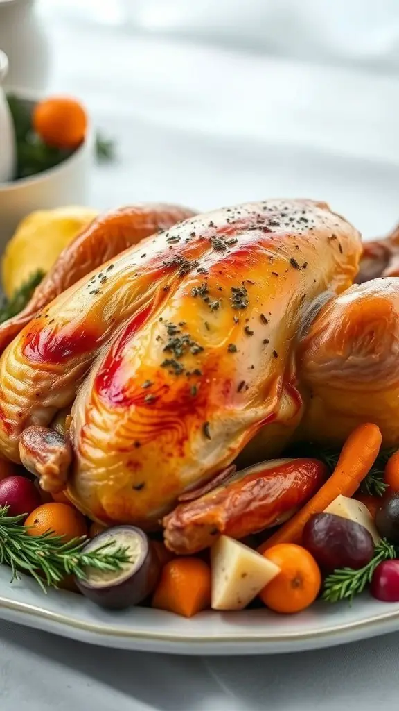 A beautifully roasted turkey with herb butter, surrounded by colorful vegetables.