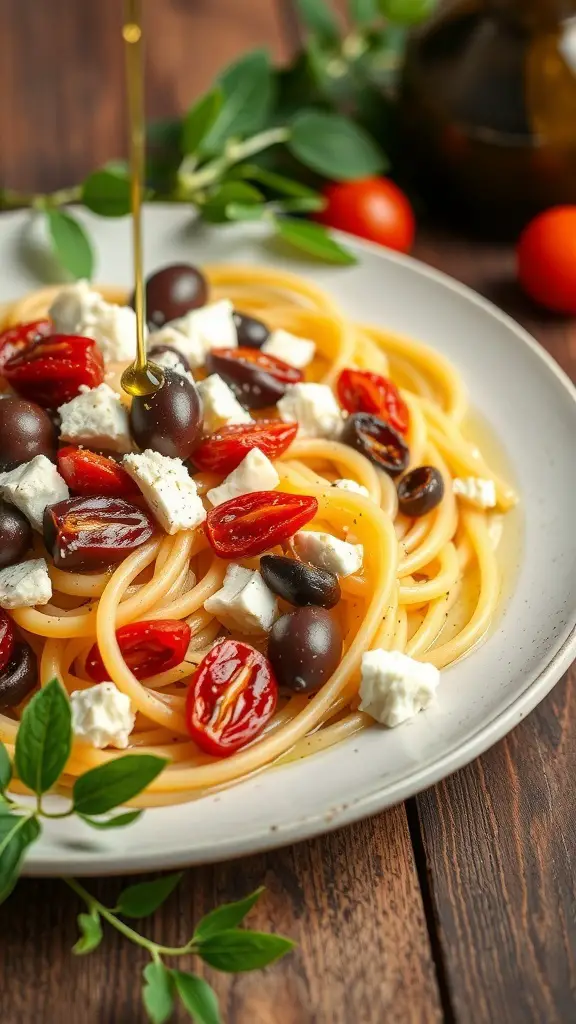 A plate of fettuccine noodles topped with sun-dried tomatoes, olives, and feta cheese, drizzled with olive oil.
