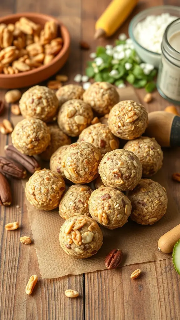 A pile of nutty energy bites made from oats and nuts, surrounded by various ingredients like nuts and honey.