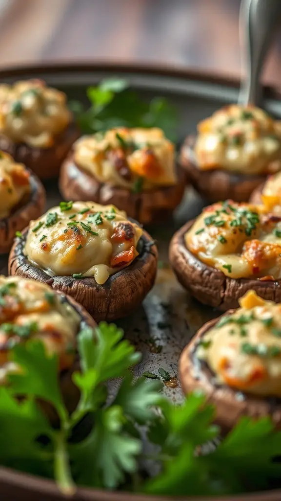 A platter of savory stuffed mushrooms topped with cheese and herbs.