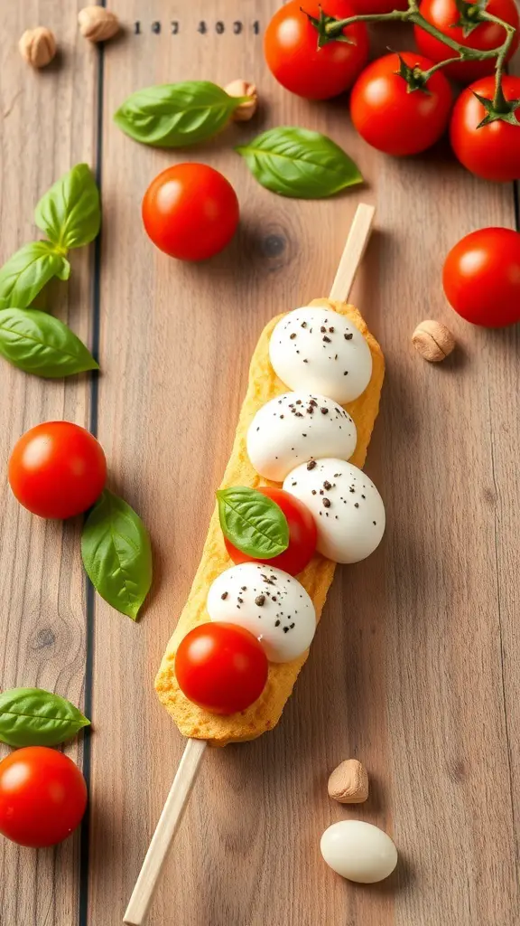 Caprese biscuit skewers with cherry tomatoes, mozzarella, and basil on a wooden background