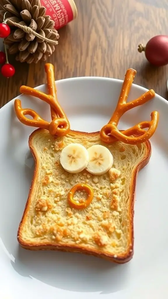 A slice of toast decorated as a reindeer with banana slices for eyes and pretzel antlers.