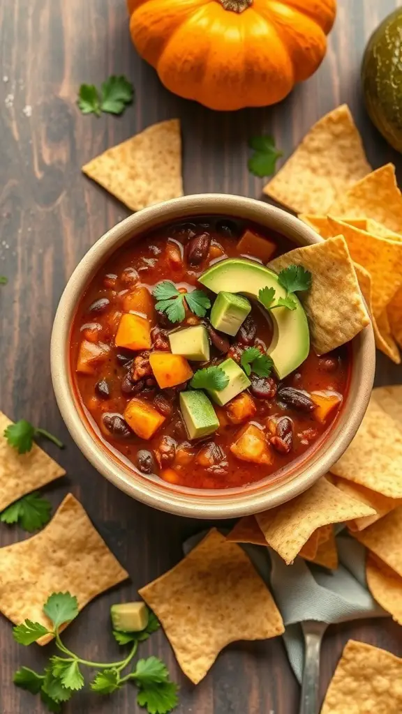 A bowl of Pumpkin and Black Bean Chili topped with avocado and cilantro, surrounded by tortilla chips and a small pumpkin.