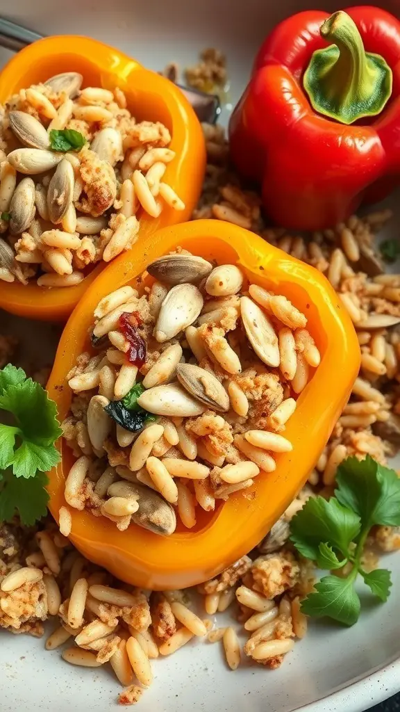 Two yellow bell peppers stuffed with a clam and rice mixture, garnished with herbs, on a plate with a red bell pepper in the background.