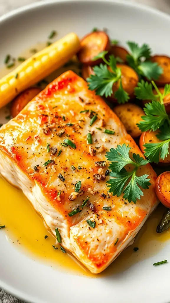 A plate of garlic butter baked salmon with cherry tomatoes and fresh herbs