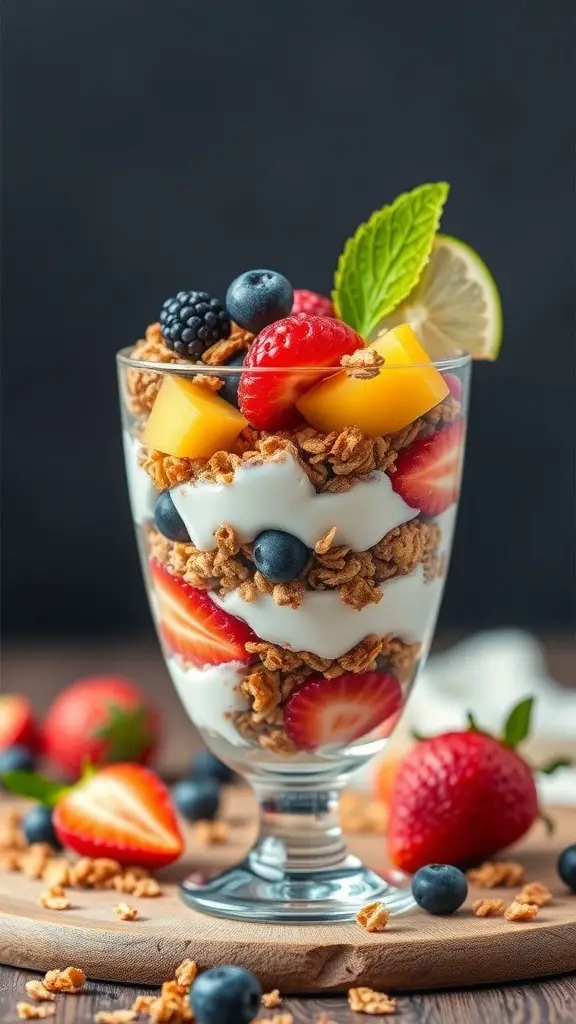 A colorful Greek yogurt parfait with layers of yogurt, granola, and fresh fruits in a glass.