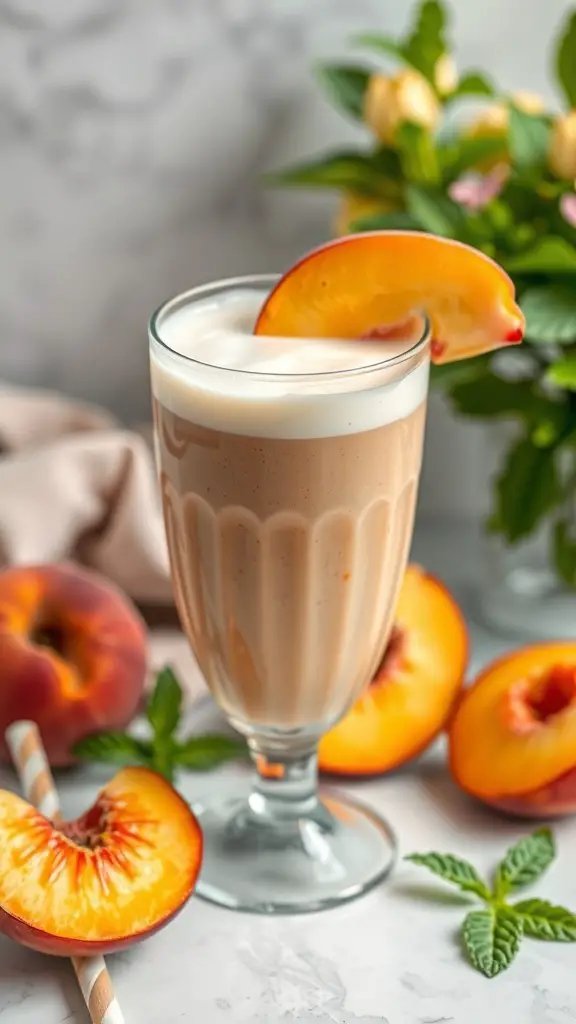 A refreshing peach and yogurt smoothie in a tall glass, garnished with a peach slice, surrounded by fresh peaches and mint leaves.