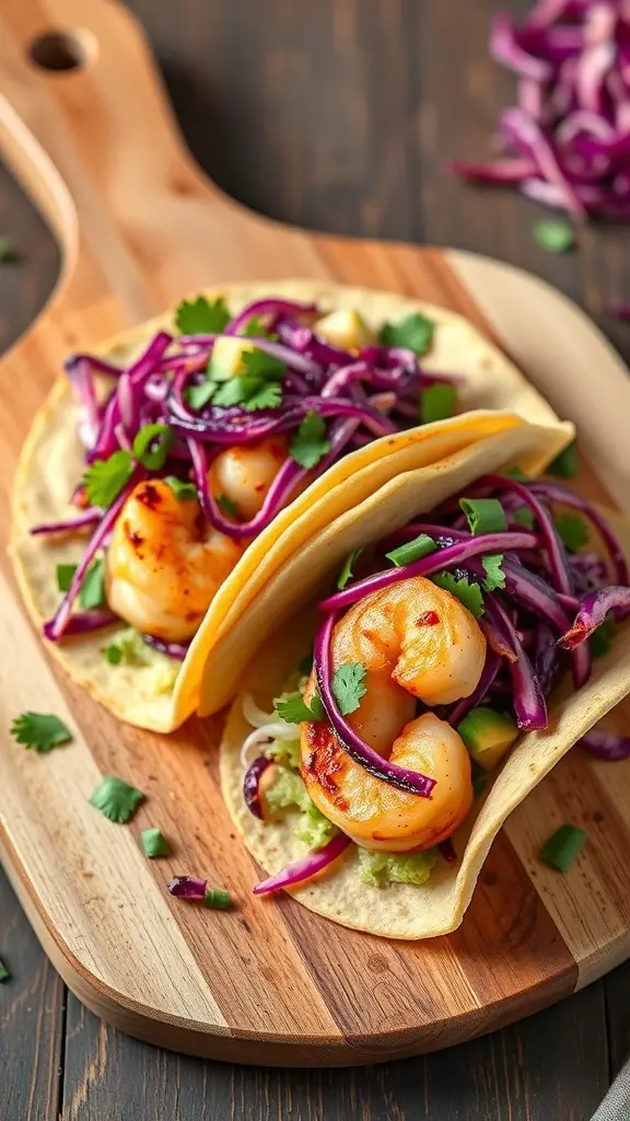 Grilled shrimp tacos with cabbage slaw on a wooden cutting board