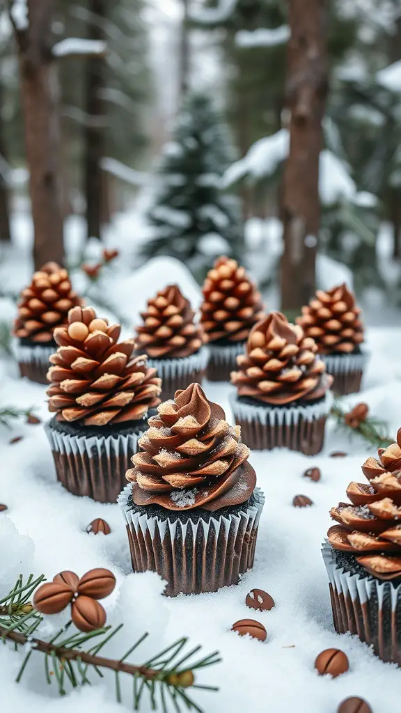 Pinecone chocolate cupcakes arranged in snow with pine branches