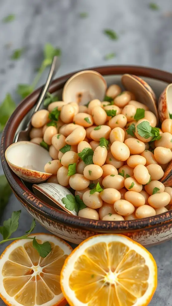 A bowl of clam and white bean salad with lemon slices and parsley