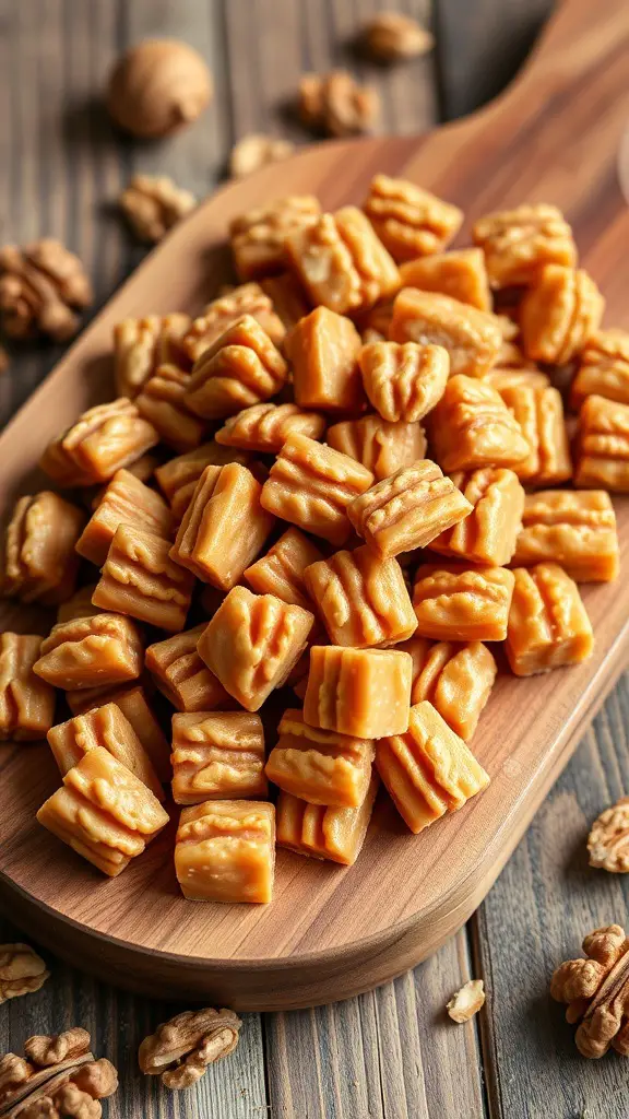 A wooden platter filled with maple walnut crunch candies, showcasing their golden color and unique shapes.