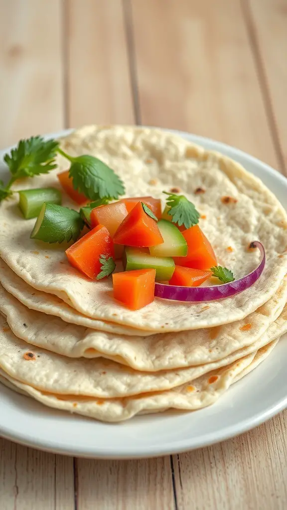 A plate of rice flour tortillas topped with diced vegetables.
