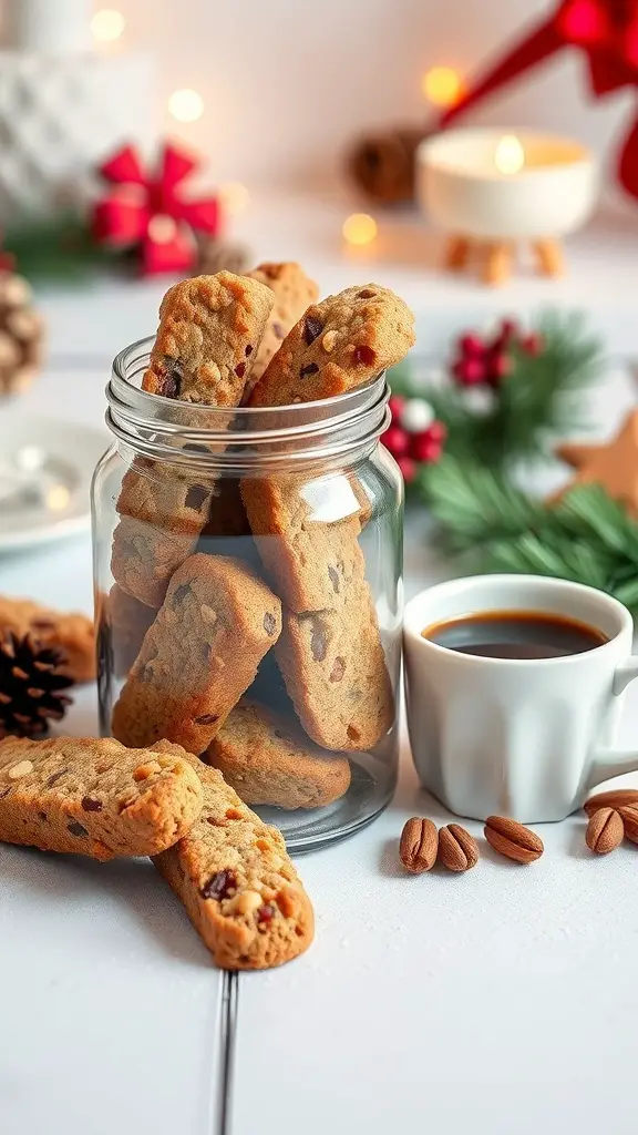 A jar of nutty biscotti beside a cup of coffee, with festive decorations in the background.