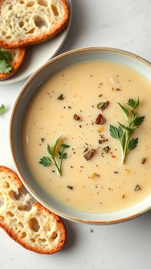 A creamy soup in a bowl garnished with herbs, alongside slices of bread.