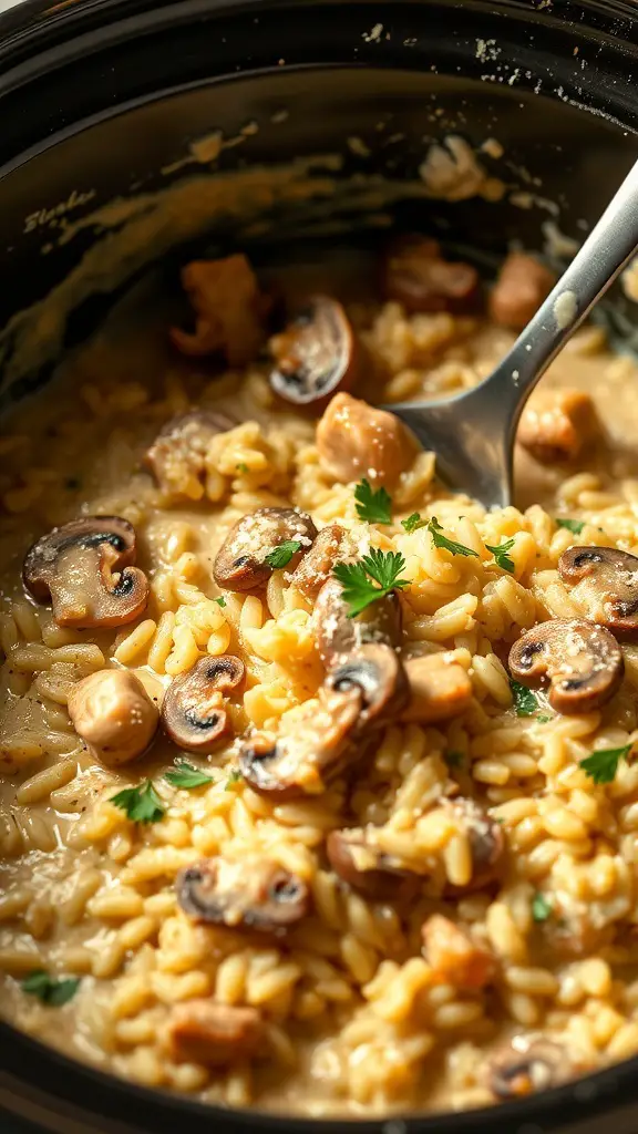 A close-up of creamy chicken and mushroom risotto in a crockpot, garnished with parsley.