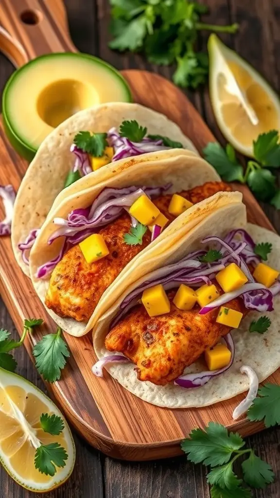 Fried tilapia tacos with mango salsa on a wooden board