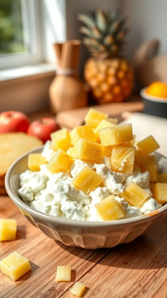 A bowl of cottage cheese topped with pineapple chunks, with fresh fruits in the background.