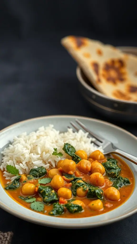 A bowl of chickpea curry with spinach served with white rice and naan on the side.