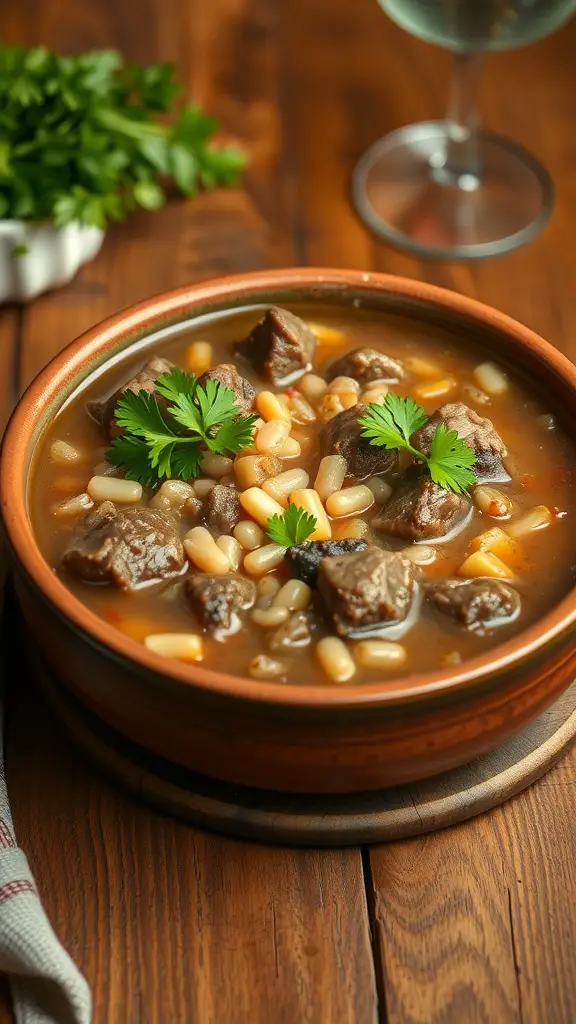 A bowl of hearty beef and barley stew garnished with parsley, placed on a wooden table.