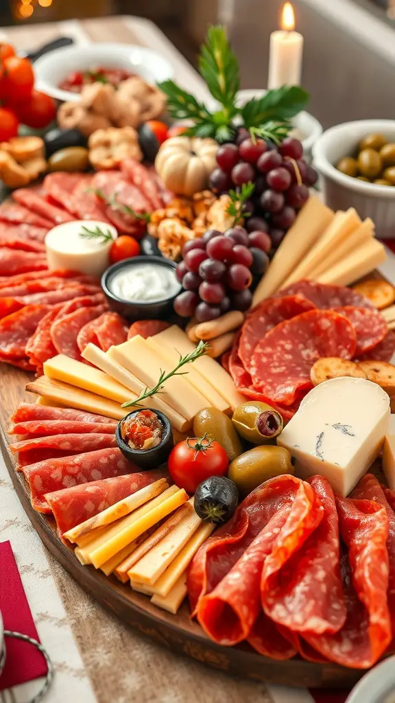 A beautifully arranged antipasto platter with cured meats, cheeses, olives, and grapes.