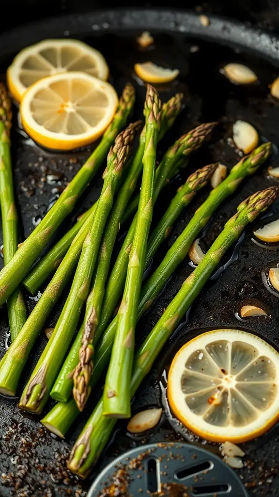 Fresh asparagus spears with lemon slices and garlic on a griddle.