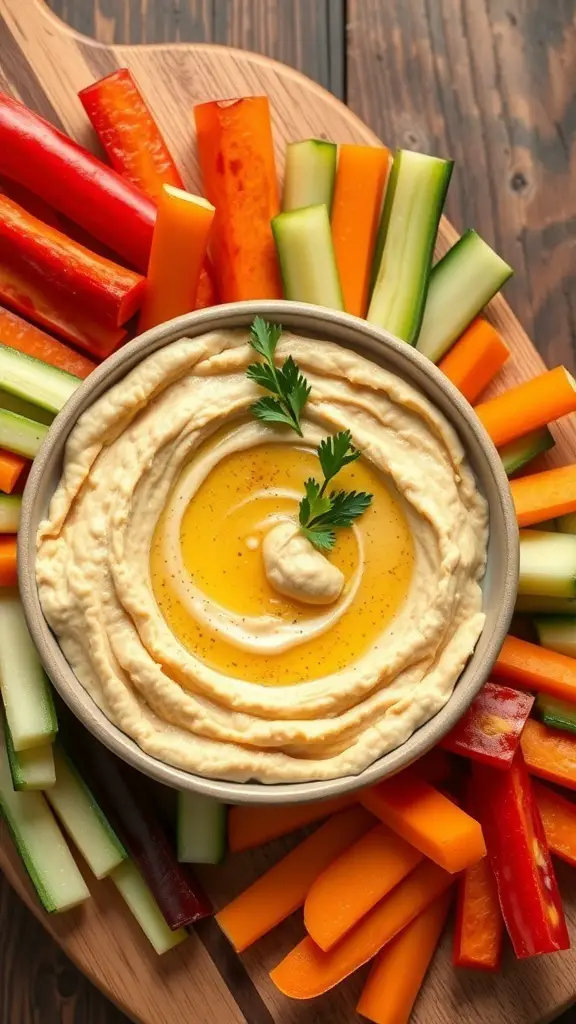 A bowl of homemade hummus surrounded by colorful fresh vegetables.