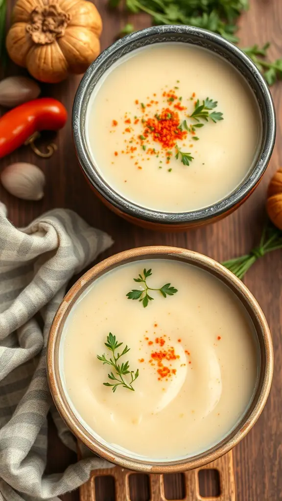 Two bowls of creamy garlic and herb potato soup garnished with herbs and red pepper flakes, surrounded by fresh ingredients.