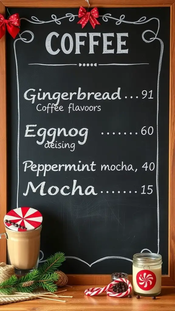 A chalkboard coffee menu featuring Christmas-themed flavors like Gingerbread, Eggnog, Peppermint Mocha, and Mocha.