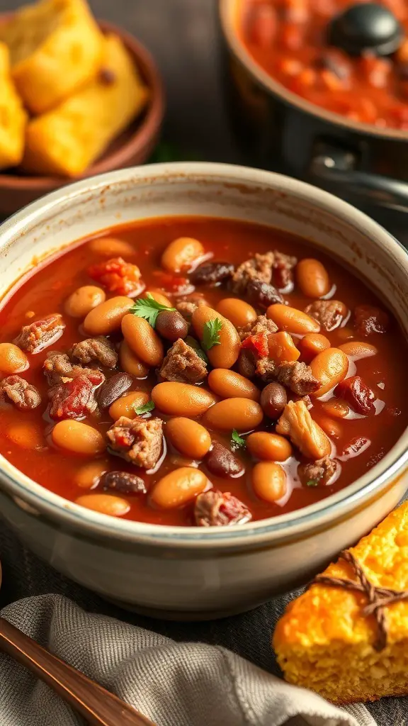 A bowl of slow cooker chili with beans, topped with cilantro, alongside cornbread.
