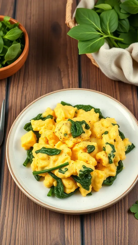 A plate of scrambled eggs with spinach on a wooden table, garnished with herbs.