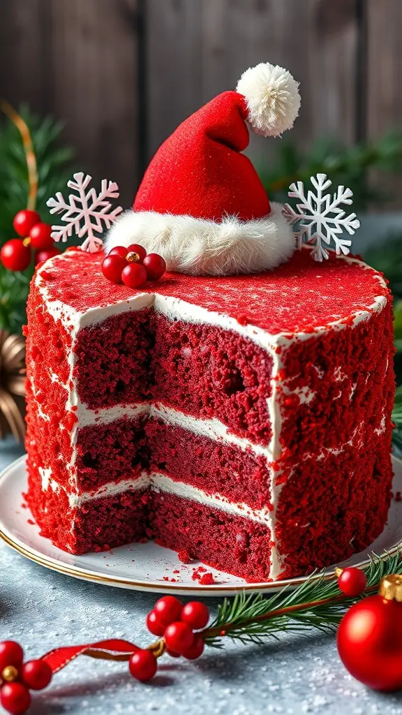 A festive red velvet cake with a Santa hat and snowflake decorations, showcasing red layers and creamy frosting.