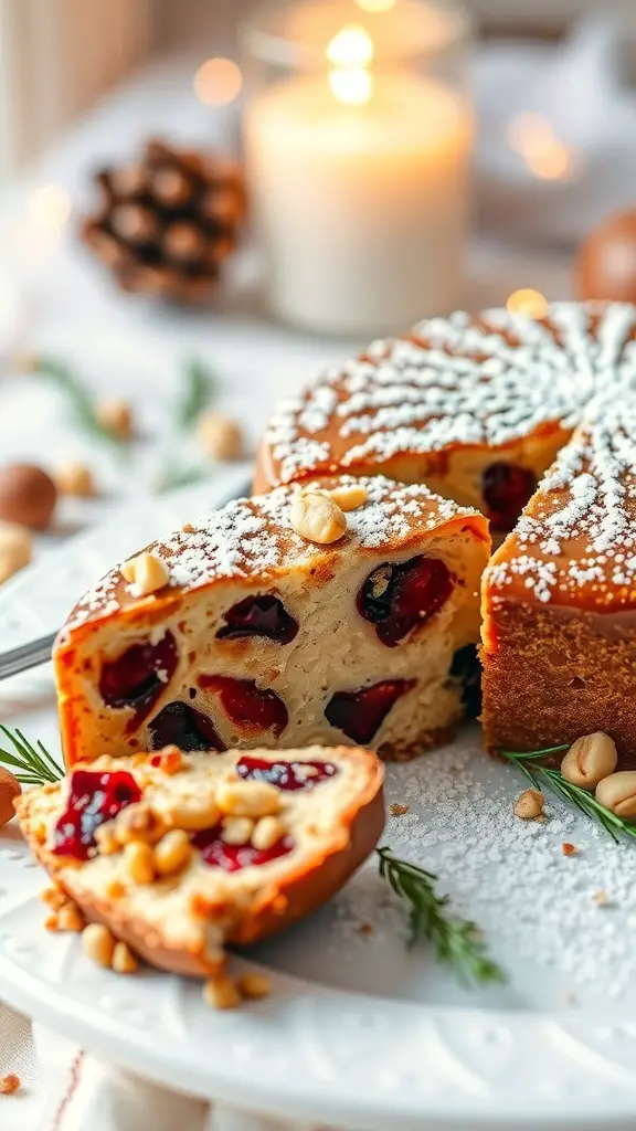 A slice of panforte cake with dried fruits and nuts, dusted with powdered sugar.