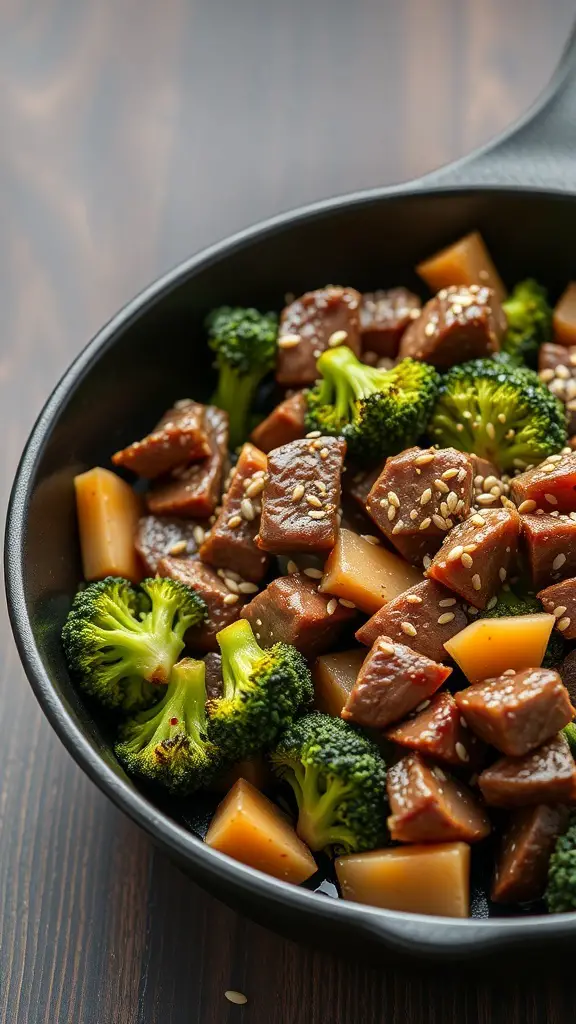 A skillet filled with beef and broccoli, showcasing tender beef pieces and bright green broccoli florets.