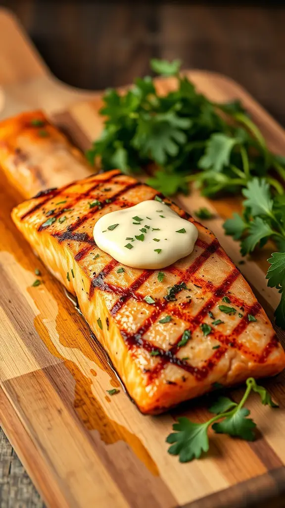 Grilled salmon fillet with herb butter on a wooden cutting board, garnished with fresh herbs.