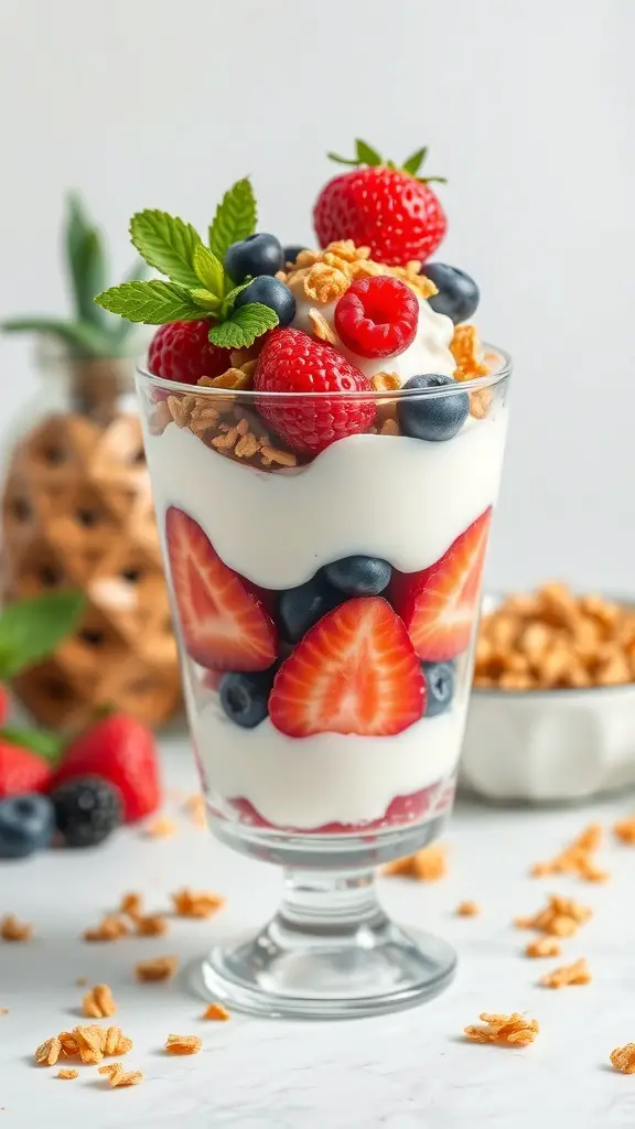 A Greek yogurt parfait with layers of yogurt, strawberries, blueberries, raspberries, and granola in a clear glass.