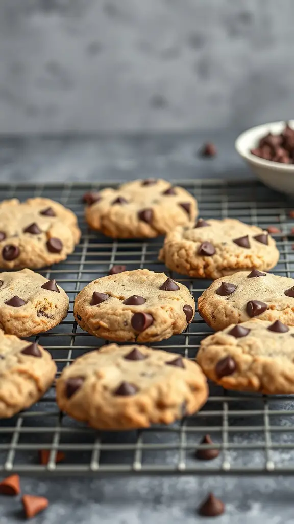 A plate of almond flour protein cookies with chocolate chips on a cooling rack.