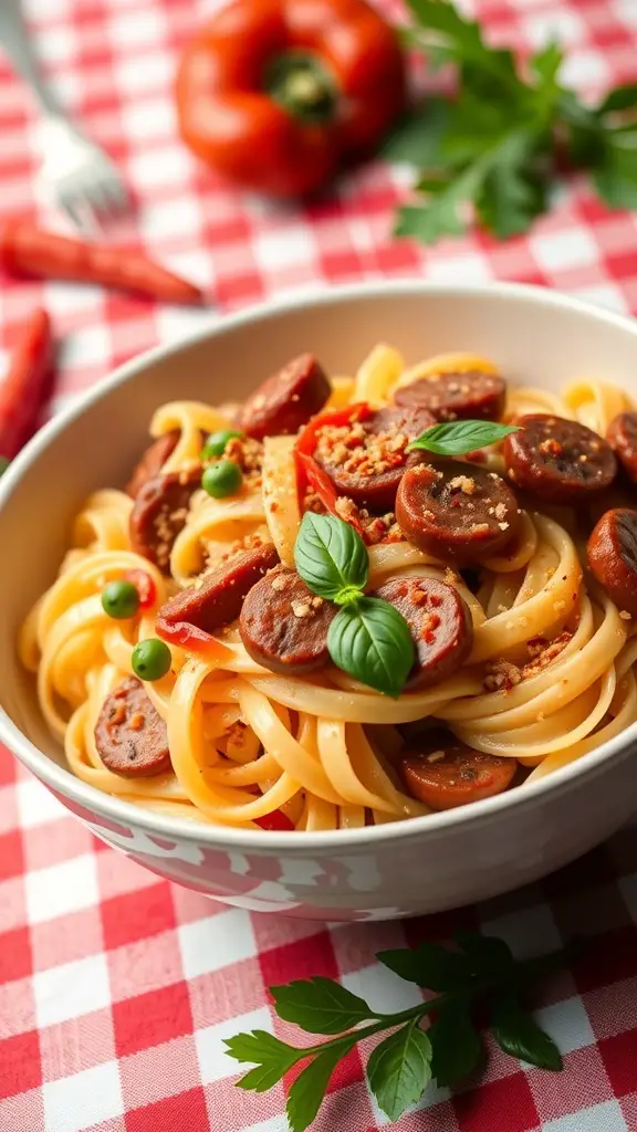 A bowl of spicy sausage and peppers rigatoni pasta on a checkered tablecloth.
