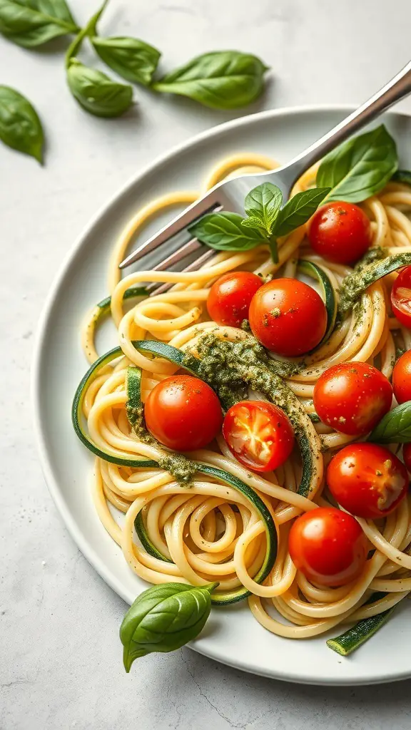 A plate of zucchini noodles topped with pesto and cherry tomatoes, garnished with fresh basil leaves.