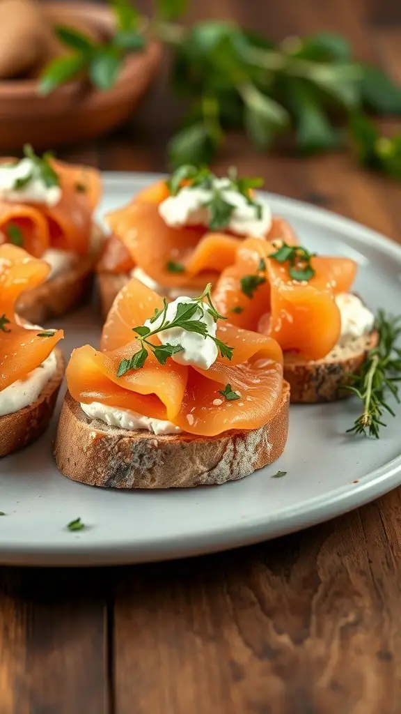 A plate of smoked salmon bruschetta topped with cream cheese and herbs on toasted bread.