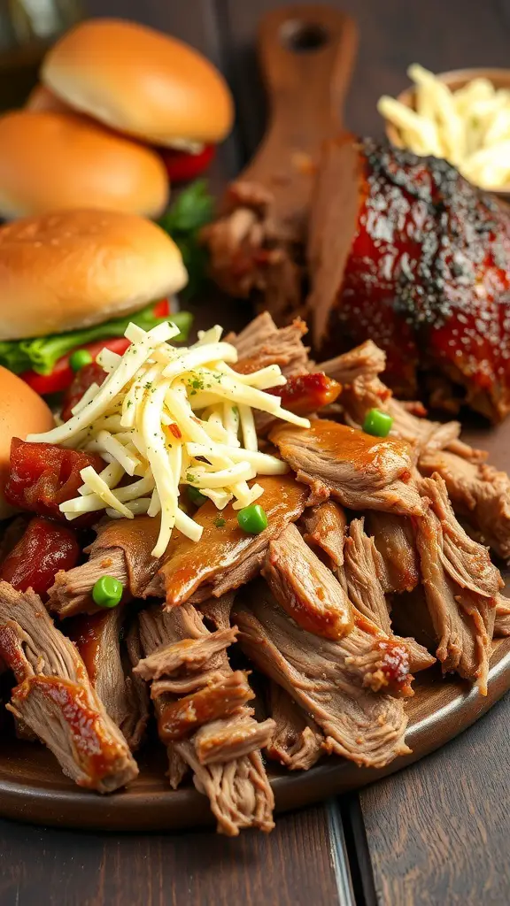 A plate of BBQ pulled pork with slider buns and garnishes