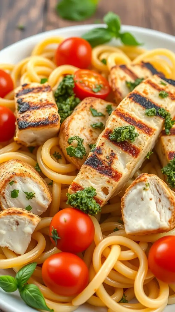 A bowl of Pesto Chicken Rotini with grilled chicken, cherry tomatoes, and basil.