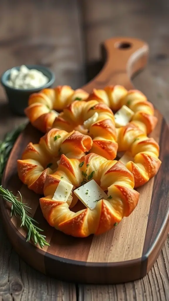 A wooden board with savory cheese palmiers arranged beautifully, garnished with herbs and accompanied by a small bowl of dip.