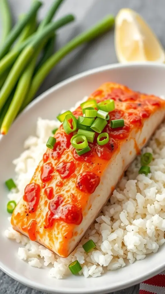 A plate of spicy Sriracha baked salmon served over rice with green onions and a lemon wedge.